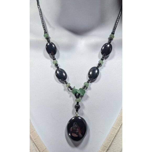 Handmade Hematite And Green Amethyst Beaded Drop Necklace - Picture 3 of 6